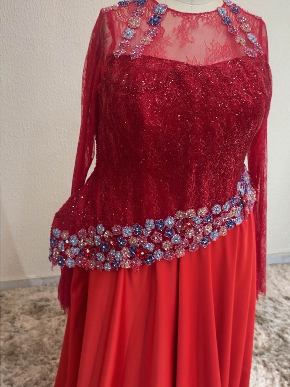 Red Beaded Lace Evening Gown